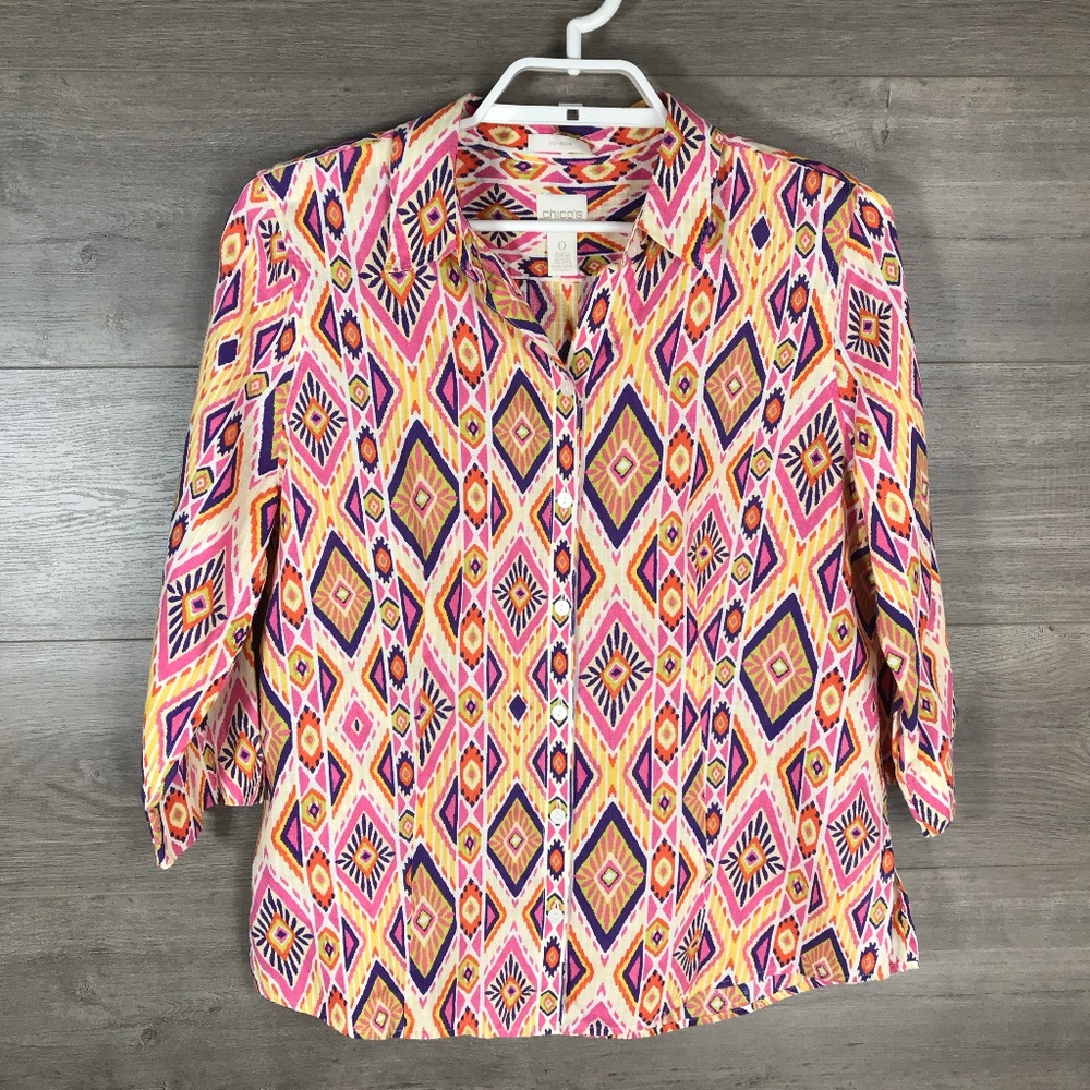 3/$25🛍️ Chico's Women's No-Iron Ikat Linen Button-Back Shirt Top